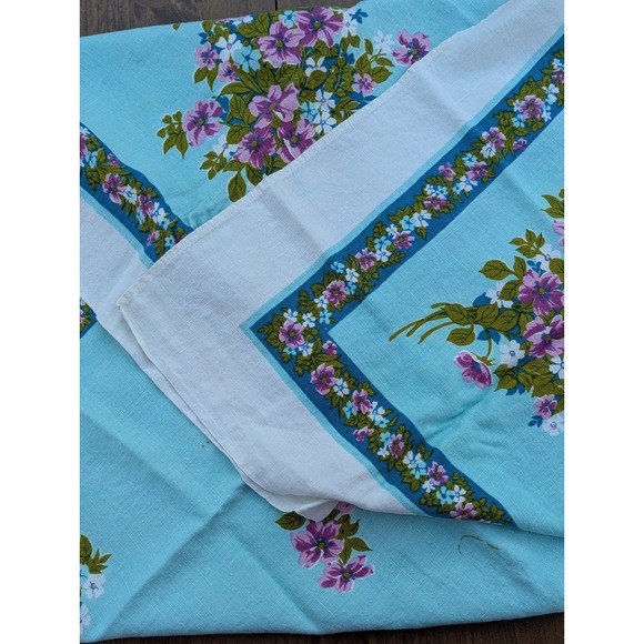 Vintage Linen Tablecloth Teal Floral Tablecloth Cottage Grandma Core 48" x 48" - Picture 14 of 16